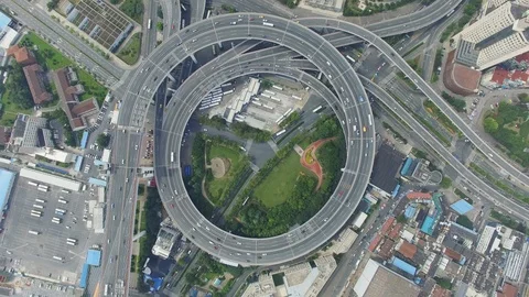 Nanpu circular shaped highway bridge aerial shot Stock Footage 118988491