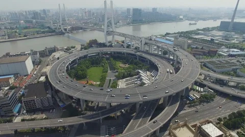 Nanpu circular shaped highway bridge aerial shot Stock Footage 118989600
