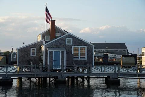  nantucket harbor view at sunset panorama Stock Photos