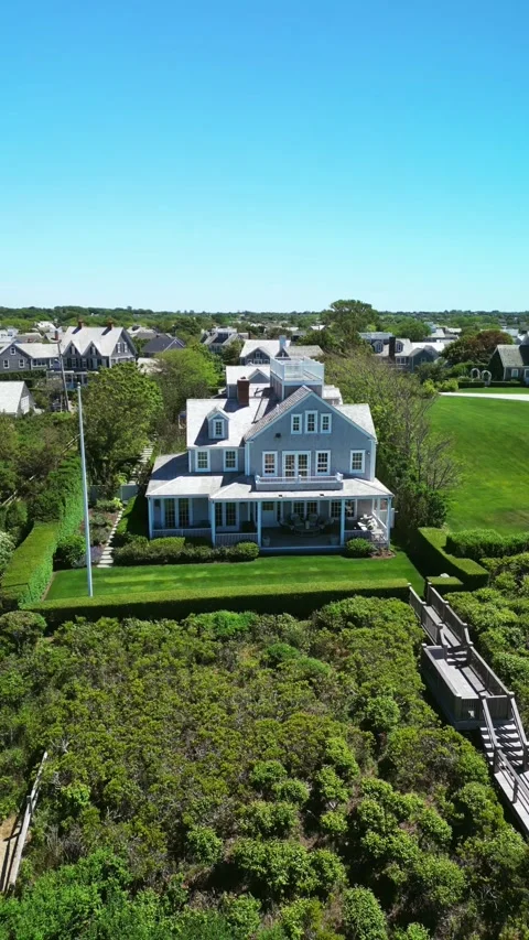 Nantucket Steps Beach Drone Footage Residential Coastal Area 2026 Vertical Stock Footage 341541647