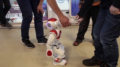 NAO humanoid robot by Intel. Robot can dance, move and speak Stock Footage 80897928