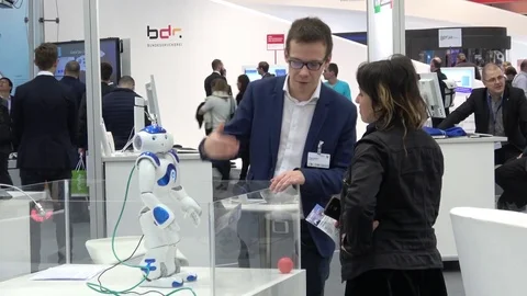 NAO programmable humanoid robot on exhibition Cebit 2017 in Hannover Messe Stock Footage 74110536