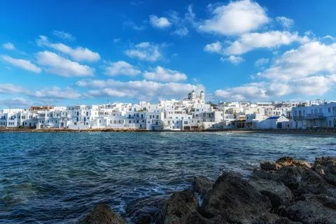 Naousa Beach View Naousa Beach and surrounding white color painted houses.... Fotos de archivo
