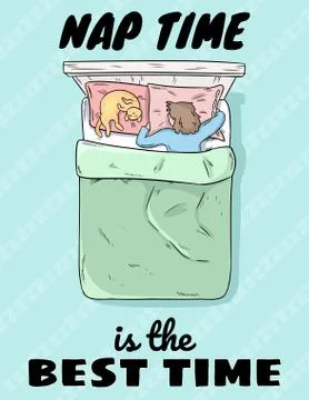 Nap time is the best time cute postcard. Hand drawn comic style funny illustr Stock Illustration