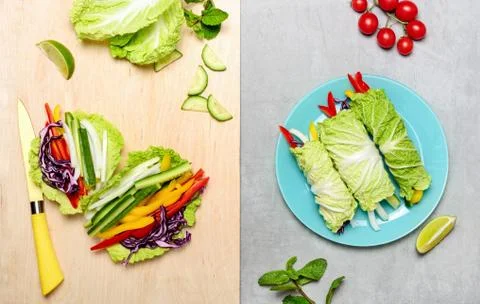 Napa cabbage vegan spring rolls Stock Photos