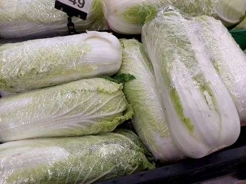Napa or Beijing Cabbage Ready for Sale in Grocery Store Display Near Fresh .. Stock Photos