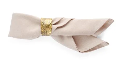 Napkin with decorative ring for table setting isolated on white, top view Stock Photos
