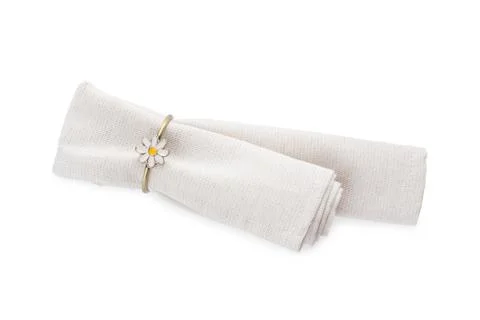 Napkin with decorative ring for table setting isolated on white, top view Stock Photos