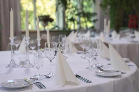 Napkins on elegant Set Table On Wedding celebration Stock Photos