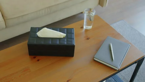 Napkins, Notebook and Water on Table in Psychologist Office Stock Footage 251126252