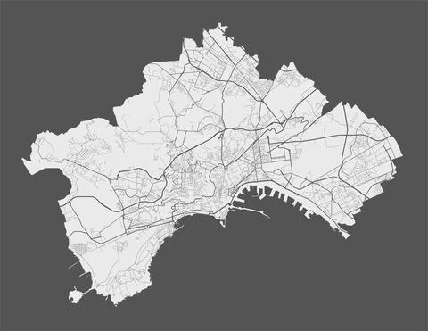 Naples map. Detailed map of Naples city poster with streets, water. Stock Illustration