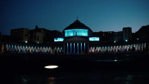 Naples Square of Plebiscito illuminated in blue at night blue hour Stock Footage 341564162