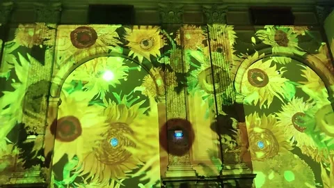 Naples - Sunflowers by Van Gogh projected in the Church of San Potito Stock Footage 239821535