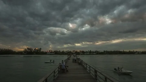 Naples: Sunrise on Naples Pier with Clouds, Wide Stock Footage 76647604