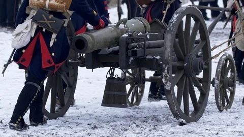 Napoleon army soldiers with artillery cannon Stock Footage