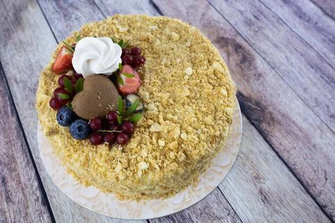 Napoleon cake with berries Stock Photos