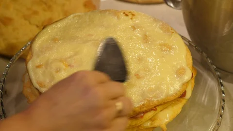 Napoleon Cake Chef baking. Crisp flaky pastry custard creamy. Close-up isolated. Stock Footage 129377658