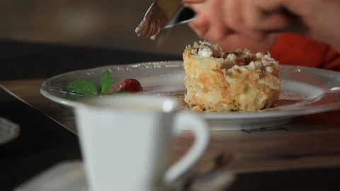 Napoleon cake.The process of eating Dessert Raspberry Millefeuille Stock Footage 116882411