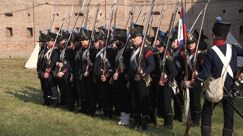 Napoleonic soldier platoon opens fire Stock Footage 113882989