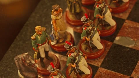 Napoleonic wars hand painted historical chess pieces on a marble board Stock Footage 334943677