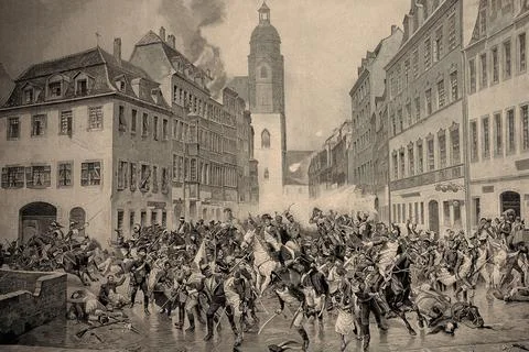 Napoleons Flight through Leipzig 1813 Historical digitally restored Stock Illustration