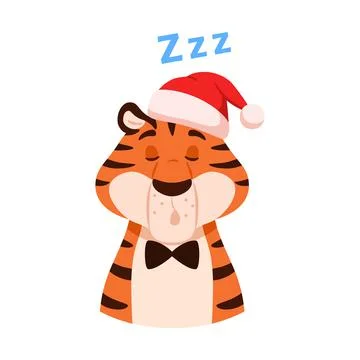 Napping funny tiger in Santa hat portrait Stock Illustration