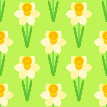 Narcissus flowers seamless vector pattern. Floral illustration on green. Stock Illustration