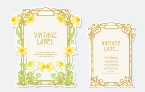 Narcissus. Set of 2 labels, decorative frames, Stock Illustration