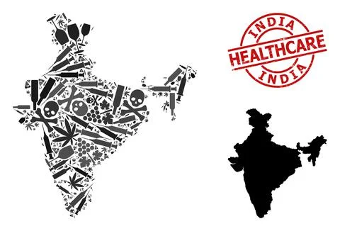 Narcotic Composition Map of India and Grunge Healthcare Badge Stock Illustration