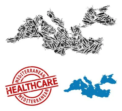 Narcotic Composition Map of Mediterranean Sea and Watermark Healthcare Watermark Stock Illustration