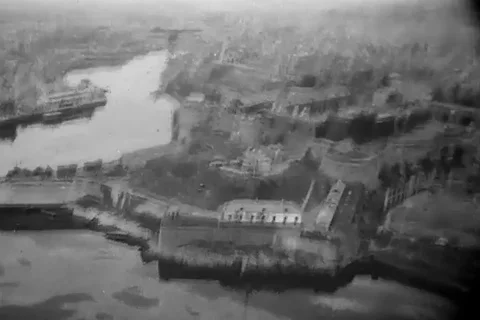 Narrator describes the structural condition of a city after the attack - 1944 Stock Footage 93004769