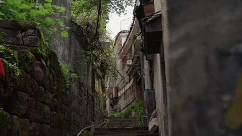 Narrow ancient alley with elements. Charming mosscovered corridor amid old Stock Footage 338076402