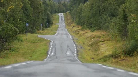 A narrow, bumpy asphalt road stretches ahead, cutting through a dense Stock Footage 287454091