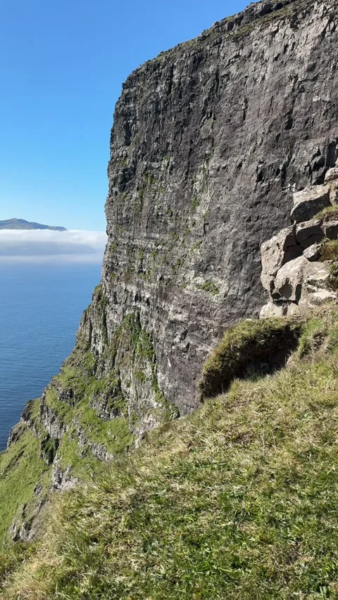 Narrow cliffside trail along Trælanípan on Vágar Island, Faroe Islands.  Stock Footage 310947853