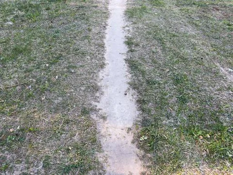 A narrow dirt path through a field with overgrown grass in places Stock Photos