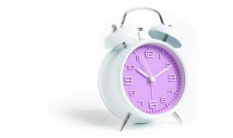 Narrow focus to clock with time 10 past 12 or 10.00 AM PM, violet clock face, Stock Photos