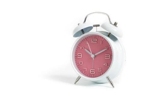 Narrow focus to clock with time 10 past 12 or 10.00 AM PM, pink clock face, o Stock Photos