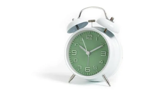Narrow focus to clock with time 10 past 12 or 10.00 AM PM, green clock face,  Stock Photos