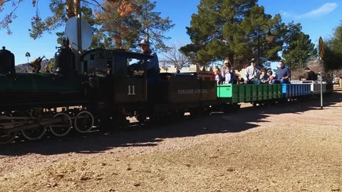 The narrow-gauge steam engine pulls cars full of people around Video stock 150415658