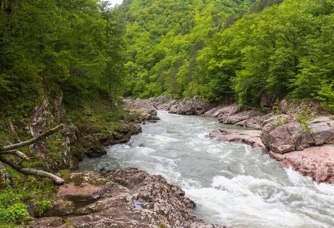 A narrow gorge through which a river flows, a rapid stream rushes through the Stock Photos
