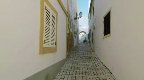 Narrow historical streets of the old city of Albufeira. Stock Footage