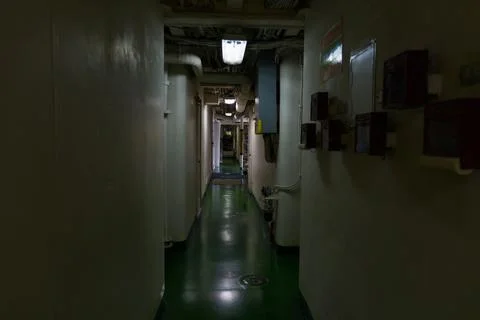 Narrow Interior Corridor Inside Ship Passageway Foto stock