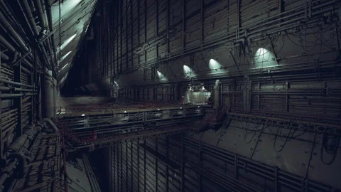 Narrow passageway for repairs featuring suspended scaffolding and controls Stock Footage 327614754
