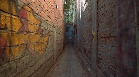Narrow path between brick walls, moving camera forward Stock Footage 65828189