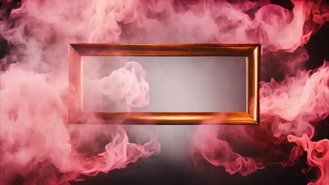 Narrow rectangular horizontal golden frame around red smoke, dark background. 動画素材 273954729
