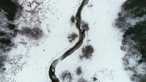 Narrow river from above in winter Stock Footage 265587015