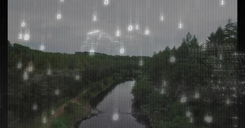 Narrow river flowing through forested valley along left-bank dirt path, with Foto stock