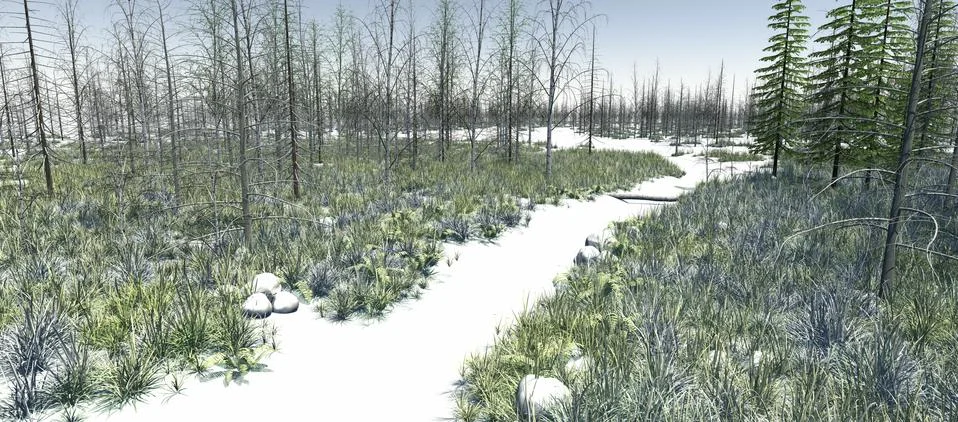 The narrow river surrounded by green trees in winter Stock Illustration