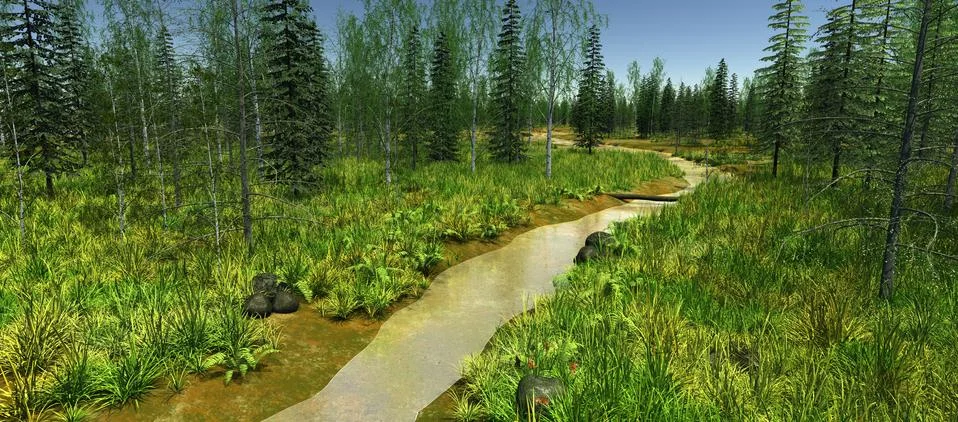 The narrow river surrounded by green trees in spring Stock Illustration