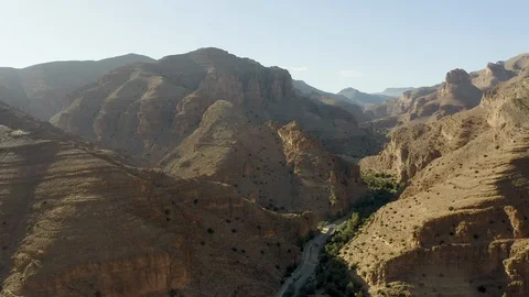 A narrow road winds through a lush palm oasis in a rocky desert gorge. Stock Footage 127033648
